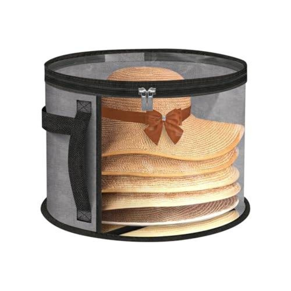 Round Hat Storage Box Clear Front Large Brim Hat Organizer with Handles‎ Gray